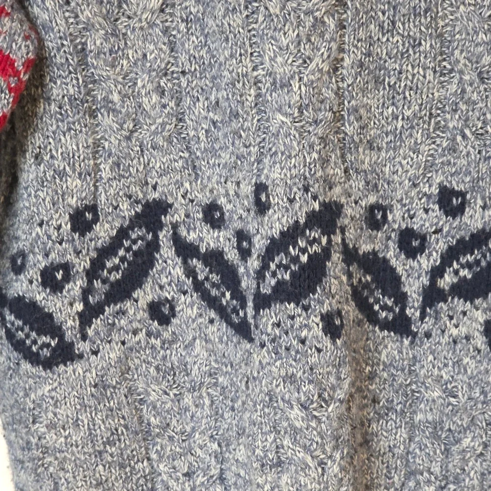 Vintage Cable Knit Fair Isle Sweater Blue Red Floral Navy‎ Leaf Pattern Unisex M